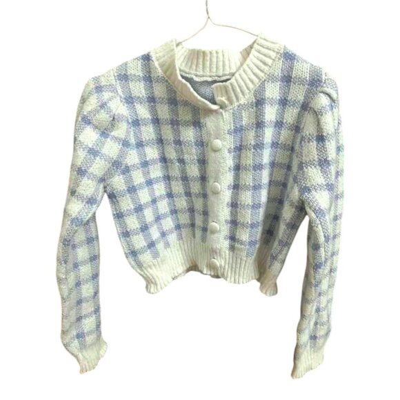 Sweaters - Vintage-Inspired Cropped Checkered Knit Cardigan